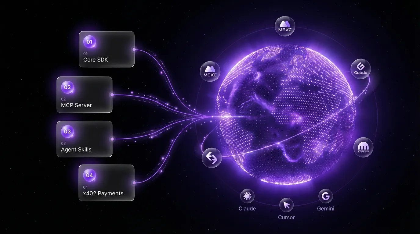 OpenMM Ecosystem — purple nebula globe with orbiting exchange and AI platform logos